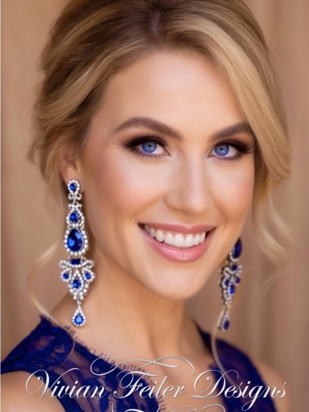Blue Earrings Long Statement Chandelier Pageant Prom Rhinestones Wedding